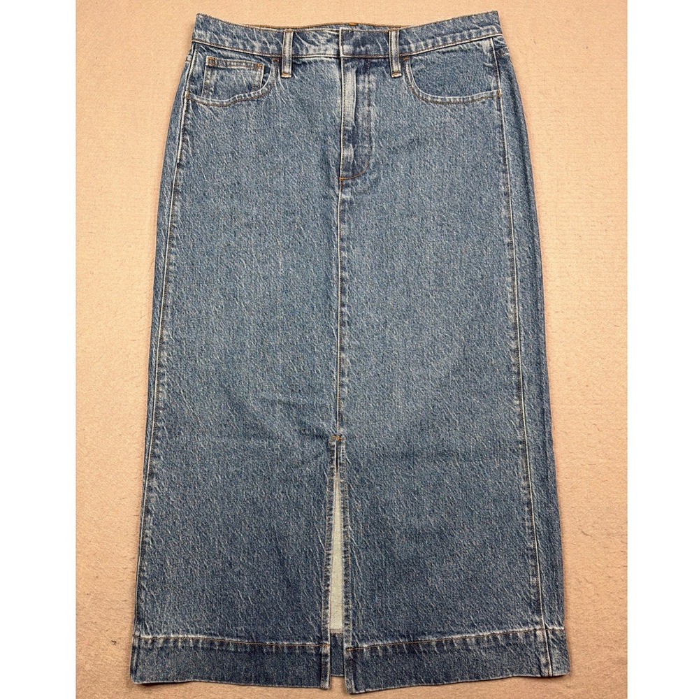 J.Crew Womens Denim Midi Skirt Medium Wash Blue Front Slit Straight Size Large‎
